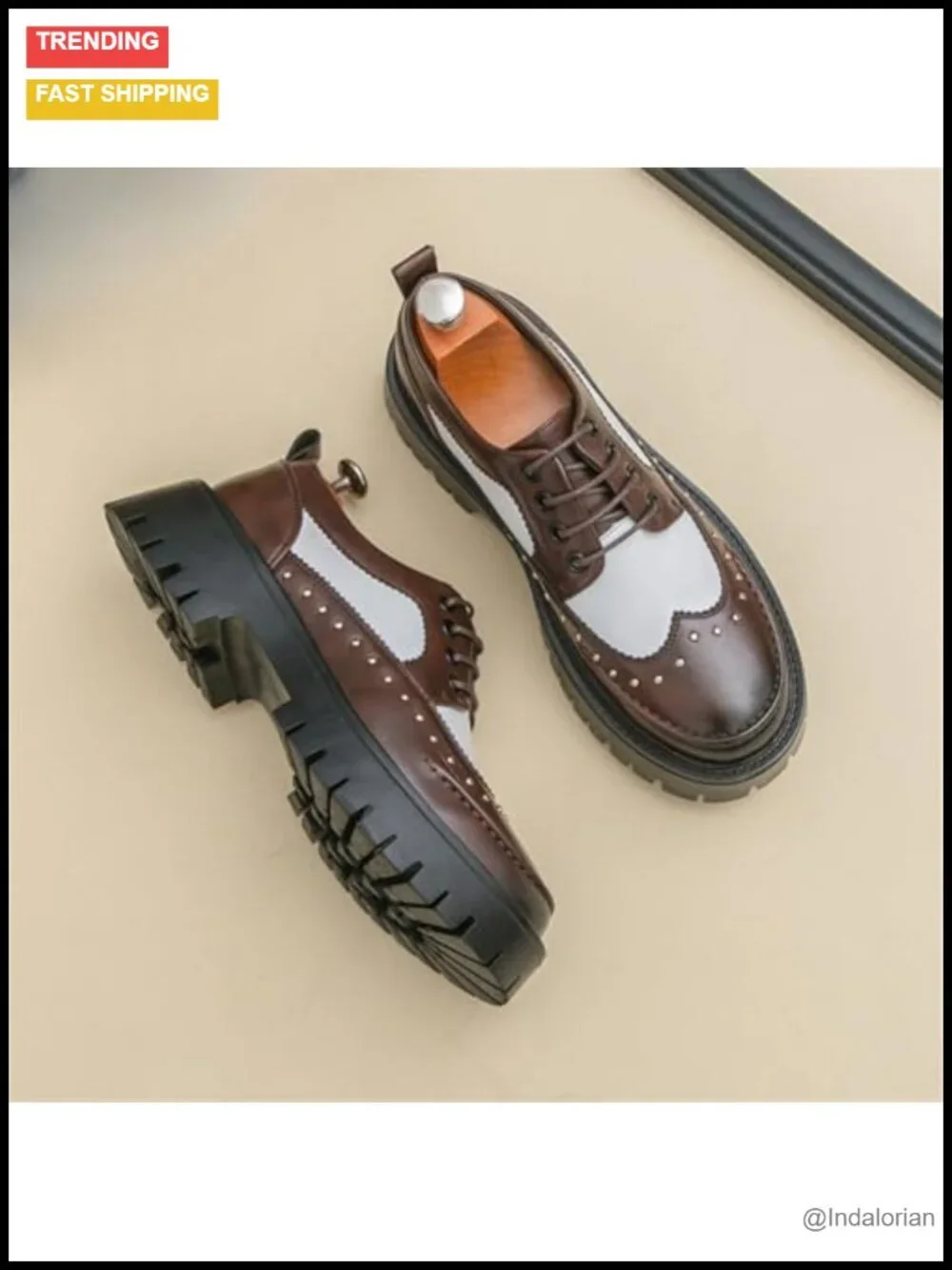 Men's Patent Leather Wingtip Oxfords Platform Chunky Heel Lace Up Round Toe